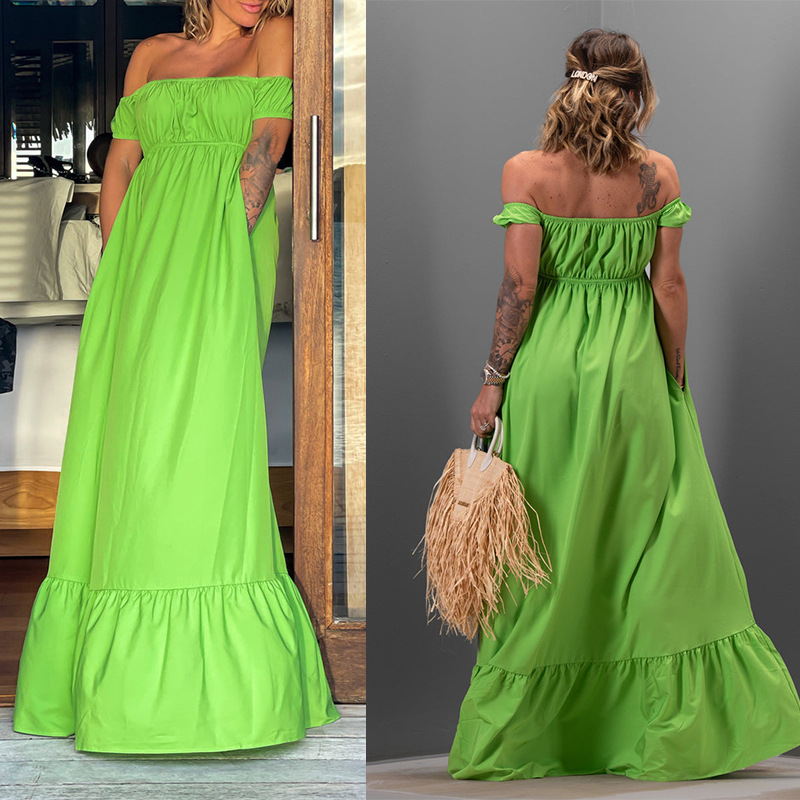 波西米亚风绿色女士孕妇沙滩裙显白夏季一字肩抹胸长款大摆连衣裙
