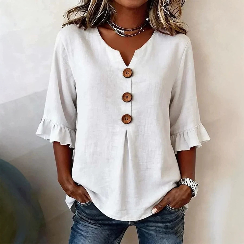 Cross-border 2026 New European and American Women's Clothing Amazon Summer Women's V-neck Cotton Linen Shirt Fashionable Button Top for Women Cross-border 2026 New European and American Women's Clothing Amazon Summer Women's V-neck Cotton Linen Shirt Fashionable Button Top for Women