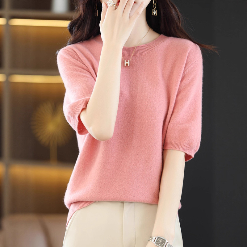 100% Wool Round Neck Short-Sleeved French Simple Short-Sleeved Wool Sweater for Women Round Neck Lazy Style Thin Style