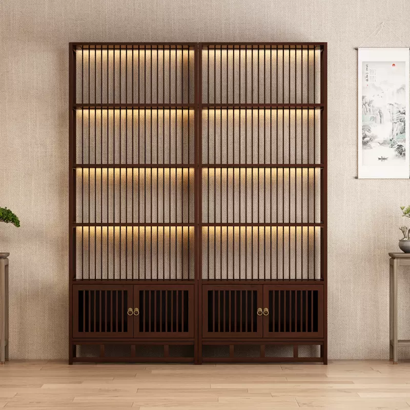 新中式实木博古架多宝阁柜茶室茶叶架茶具架置物架隔断带灯展示架