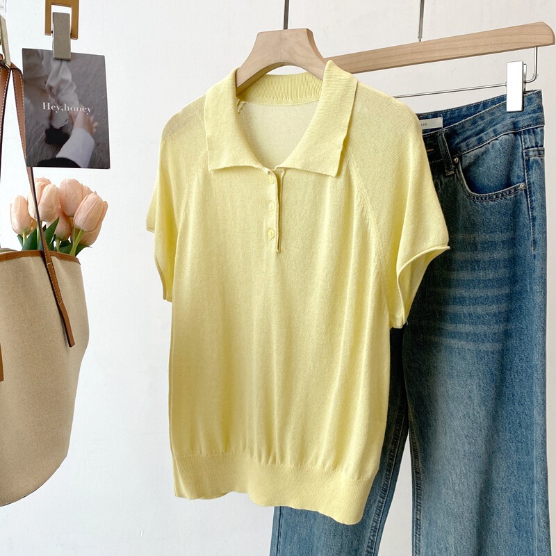 26 Summer New Product: Simple French-style high-quality Japanese paper yarn POLO collar solid color short-sleeve knit top A66035 26 Summer New Product: Simple French-style high-quality Japanese paper yarn POLO collar solid color short-sleeve knit top A66035
