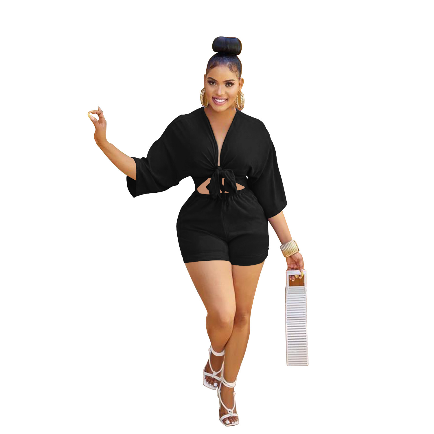 C5973 Spot AliExpress transfronterizo Amazon Pantalones cortos de mujer de moda europea y americana Camisa de imitación de manga media Mono mujer image 6