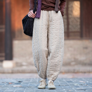 25 Winter New Retro Thickened Warm Casual Pants Women's Versatile Quilted Cotton Drawstring Cuffed Cotton Pants