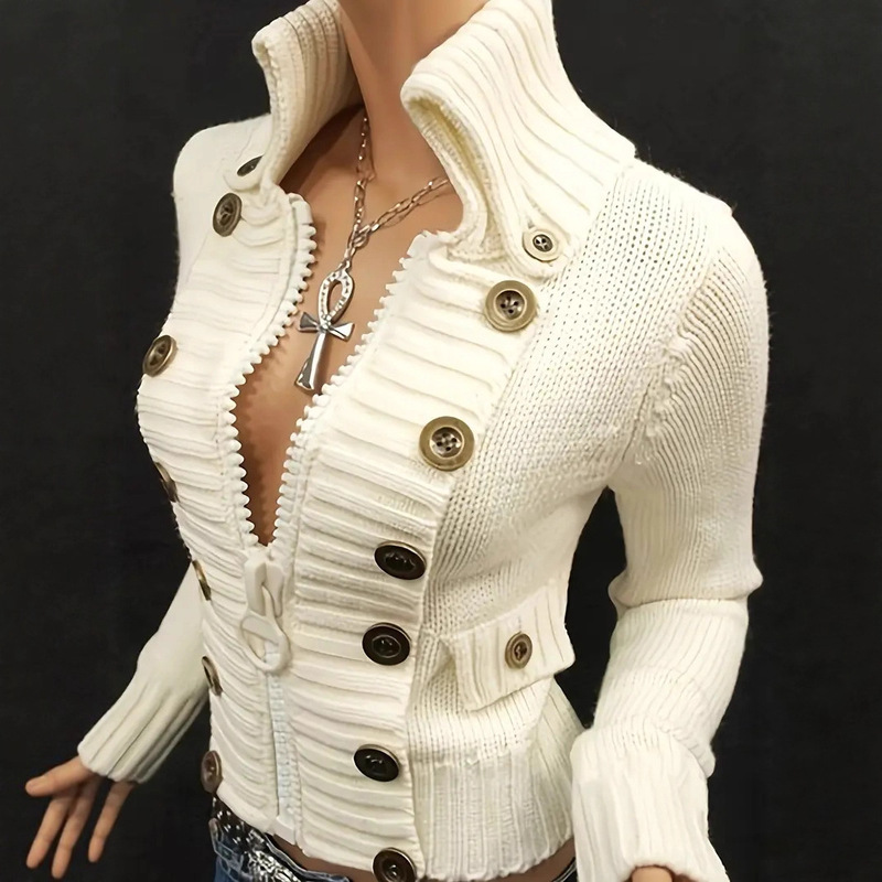 European and American Double-Breasted Sexy Elastic Slim Sweater Jacket Zipper Knitwear Outer Design Cardigan Women's Top