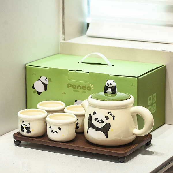 FSJ Panda Ceramic Water Set (1 Pot, 4 Cups, 1 Tray) Gift Box