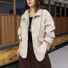 中式复古风亚麻加棉外套棉衣女2025冬季新款文艺宽松百搭禅意棉服