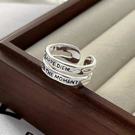 不规则双层字母戒指s925纯银女复古做旧小众轻奢开口戒高级感百搭