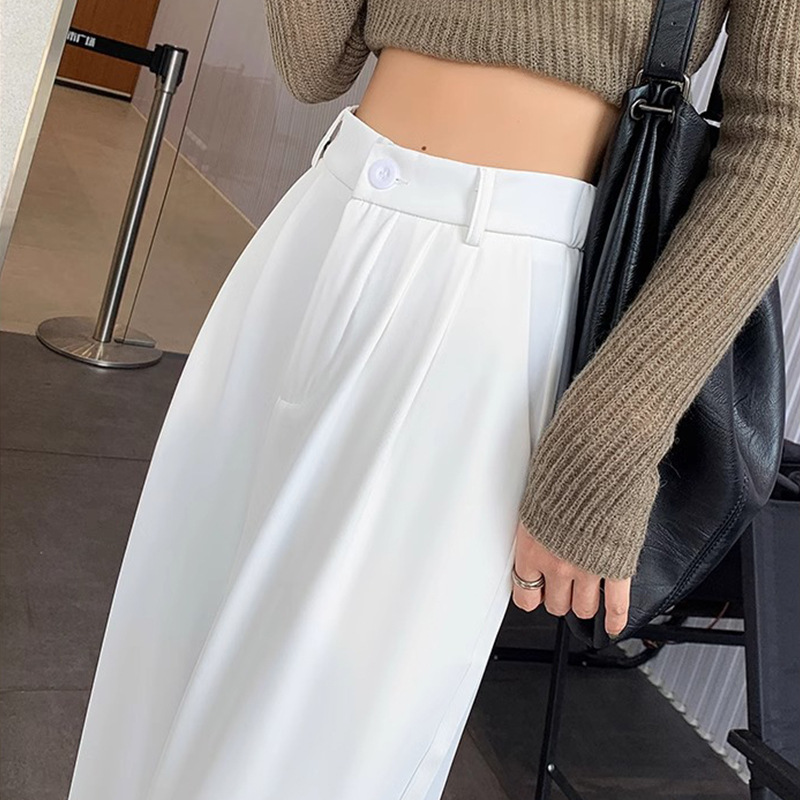 Pantalones de trajes blancos de primavera y otoño de mujer 2024 nuevo hombre pequeño cintura alta sensación de colgaje de tope de piso recto pantalones largos casuales de piernas anchas