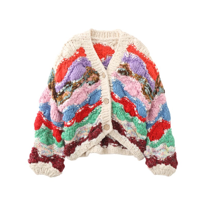 Heavy-duty hand-knitted color-blocked chunky knit V-neck cardigan sweater, loose and casual style top 2026 Heavy-duty hand-knitted color-blocked chunky knit V-neck cardigan sweater, loose and casual style top 2026