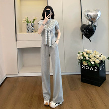 港风复古休闲套装女2025秋新款时尚开衫外套灰色阔腿裤跑步三件套
