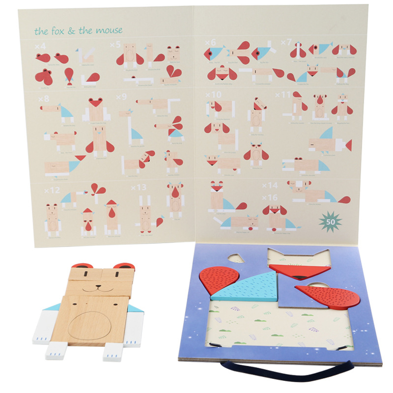 Niños creativos zorro puzzle cognición temprana aprendizaje manual cerebro juguetes de madera fábrica al por mayor