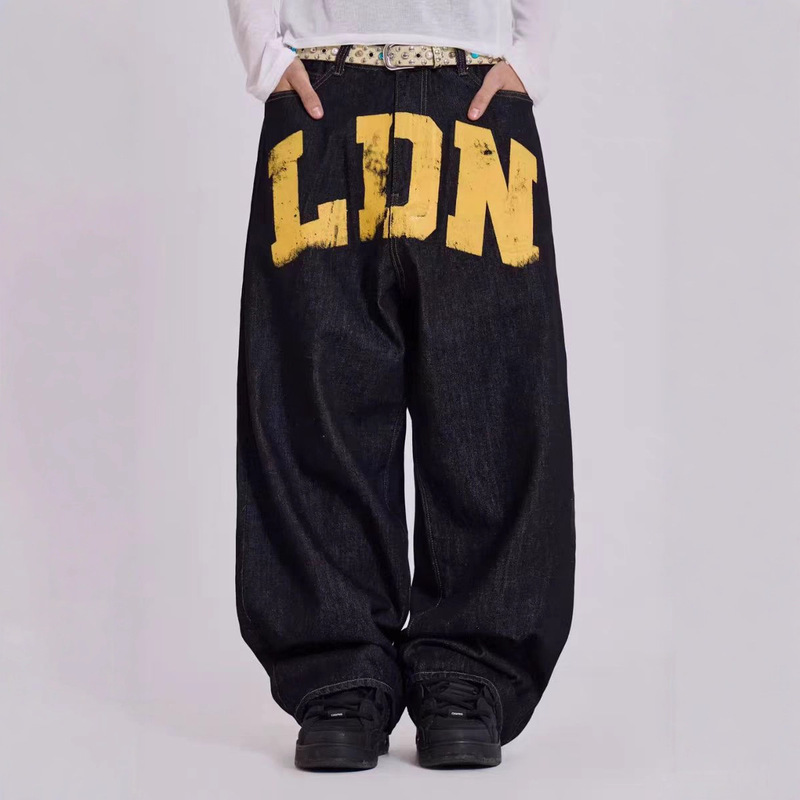 Jaded London Ldn Letter Loose Wide Leg Dark Denim Casual Jeans