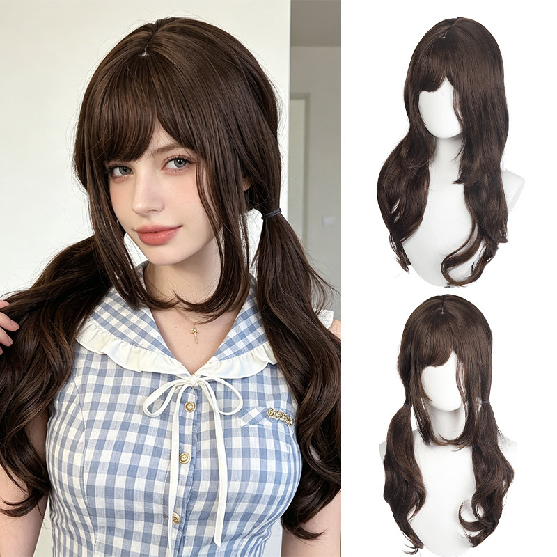 Cross-border cool brown Lolita double ponytail wig with side-framed long sideburns and bangs, sweet princess-style curly hair Cross-border cool brown Lolita double ponytail wig with side-framed long sideburns and bangs, sweet princess-style curly hair