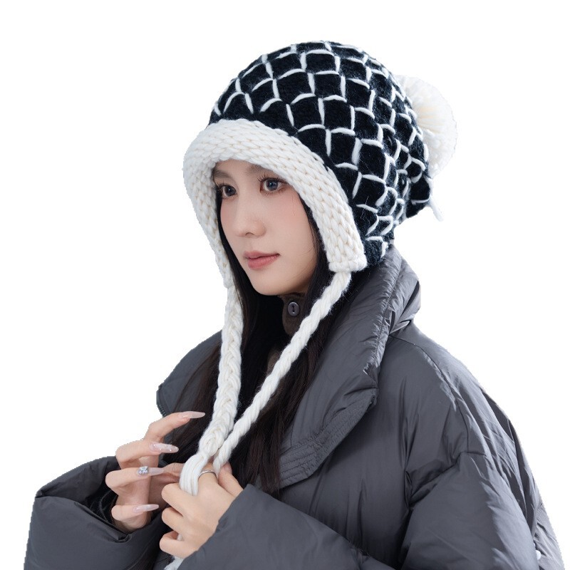 帽子女秋冬格纹粗织麻花加绒毛线帽防风保暖帽韩版大头围包头帽新|undefined