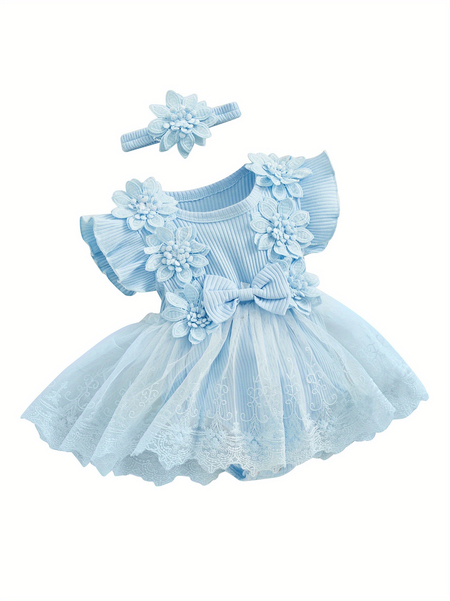 Baby Girl 2pcs Outfits Mesh Lace Patchwork Ruffle Romper transfronterizo