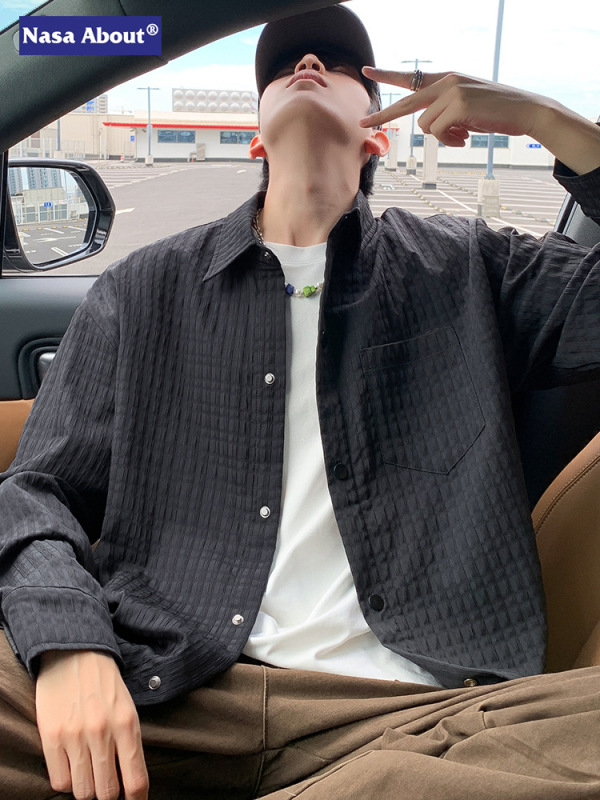 NASA格纹外套男春秋季潮流宽松风衣服青少年单排扣翻领衬衫式夹克|undefined