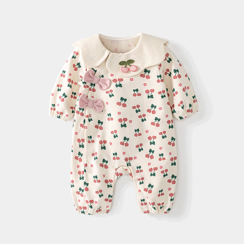 Baby Spring and Autumn Set Clothes for Girls, Onesie with Chinese Style, Birthday and 100th Day Outfit for Newborns, Long Sleeve Crawling Suit