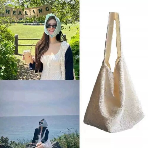 Zhao Lusi-style single-shoulder bag with pastoral water solubles lace summer gentle fairy beauty large capacity commuting tote bag for women