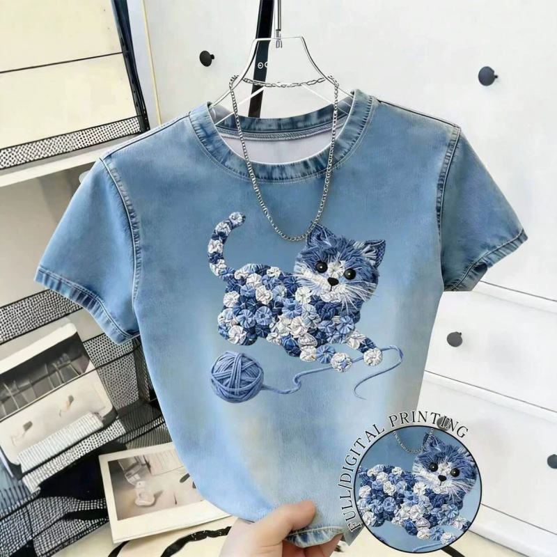 Exclusively for Cross-Border Sales, New Summer Fashion Casual Cute Cat Fur Ball and Gradient Denim Print Short-Sleeved T-Shirts for Women Exclusively for Cross-Border Sales, New Summer Fashion Casual Cute Cat Fur Ball and Gradient Denim Print Short-Sleeved T-Shirts for Women