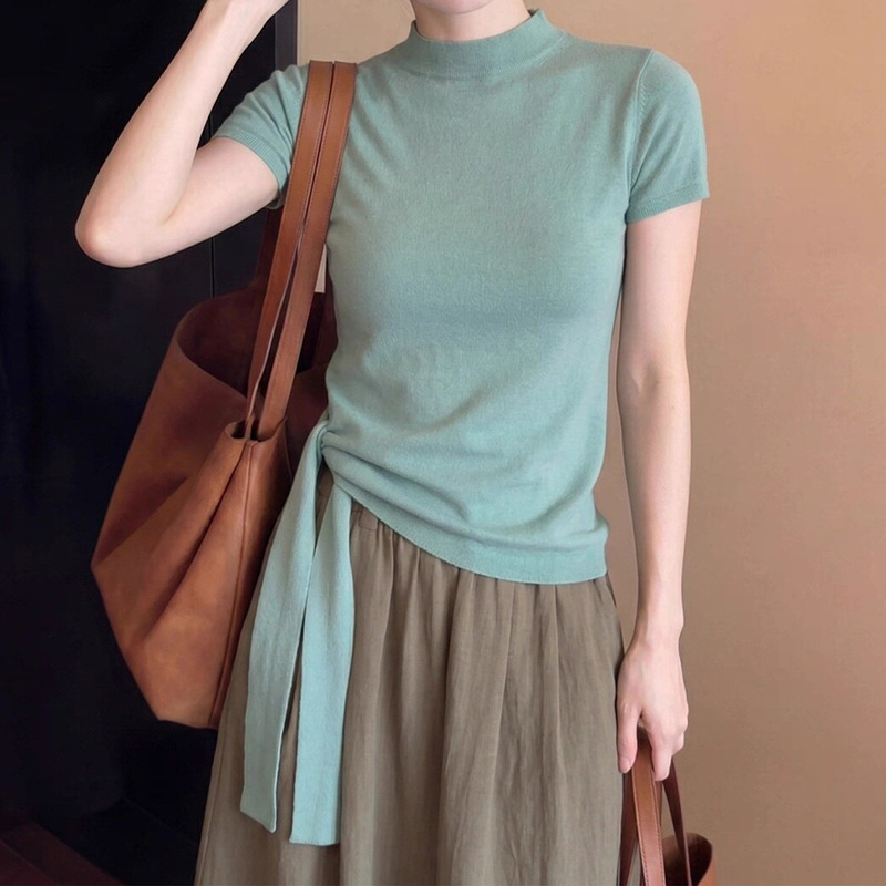 In-Stock Manufacturer Wholesale Mint Green Stand-Collar Tie-Neck Knit Short-Sleeve T-Shirt for Women, Suitable for Commuting, High-Quality Slim-Fit Top