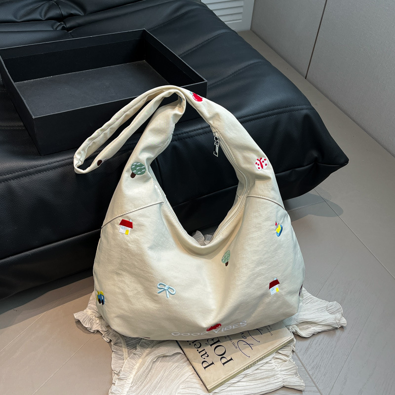 韓国風刺繍ナイロンバッグクロスボディバッグレディース新しいニッチデザイン大容量通勤ショルダーバッグトートバッグ|undefined
