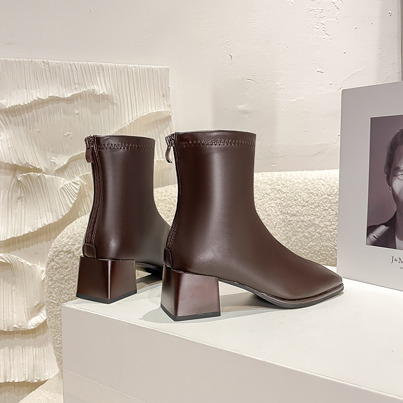 Courtes en cuir véritable pour femmes, nouvelle botte française haute et fine, tête carrée épaisse, printemps et automne 2024_voghion.com