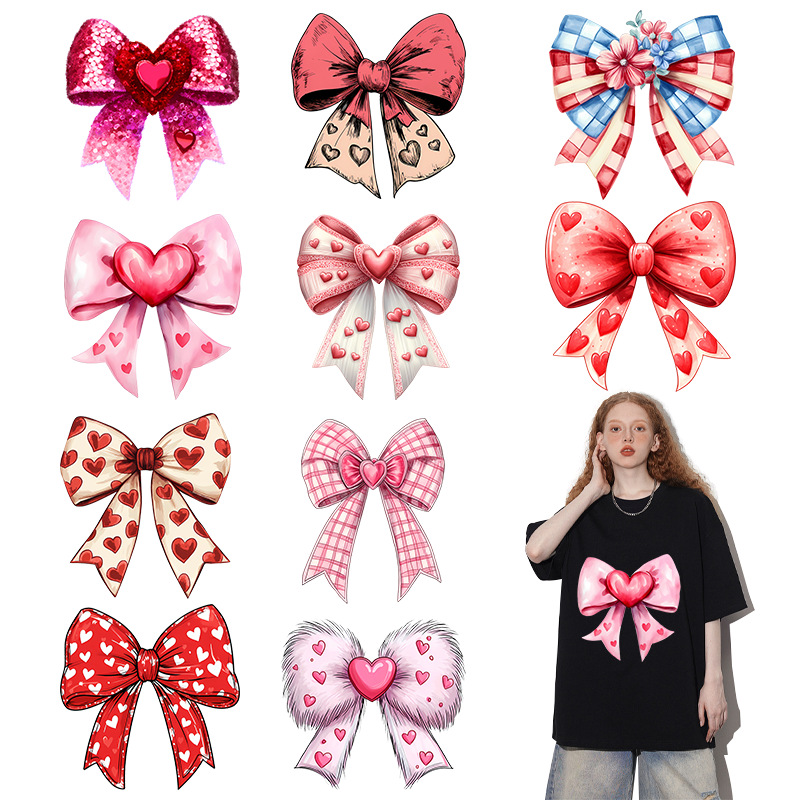 跨境情人节蝴蝶结热转印烫画贴定制烫标diy白墨烫画贴现货批发