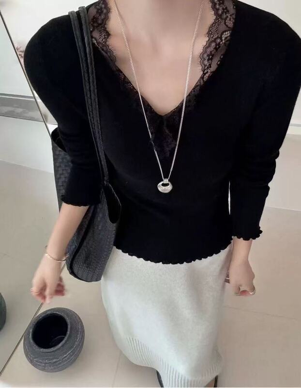 法式蕾丝边v领拼接打底针织衫女秋季新款高级感纯欲内搭修身上衣|undefined