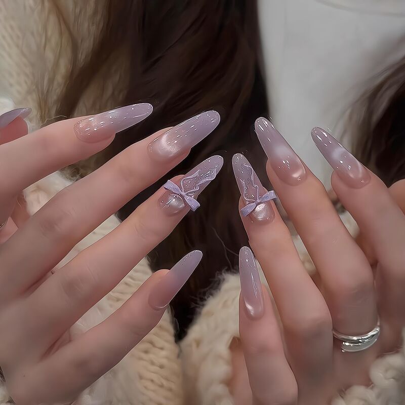 [Taro Butterfly] Gentle French Gradient Purple Stereo Bow Whitening Classy Handmade Manicure Wearable Manicure