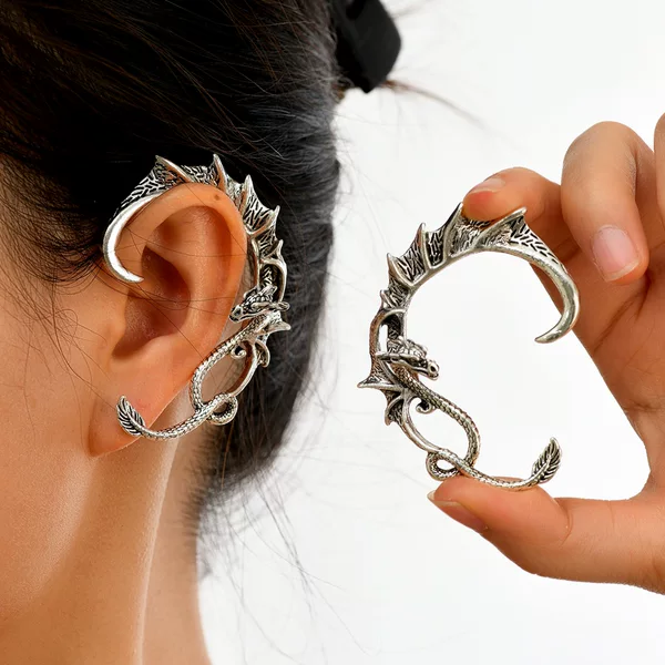 Cross-border Hot Earrings European and American Fashion Trendy Fan Punk Vintage Alloy Dragon Ear Hanging Cuff Earrings for Men and Women