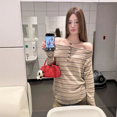辣妹复古条纹露肩长袖女早春2025新款设计感休闲T恤宽松显瘦上衣