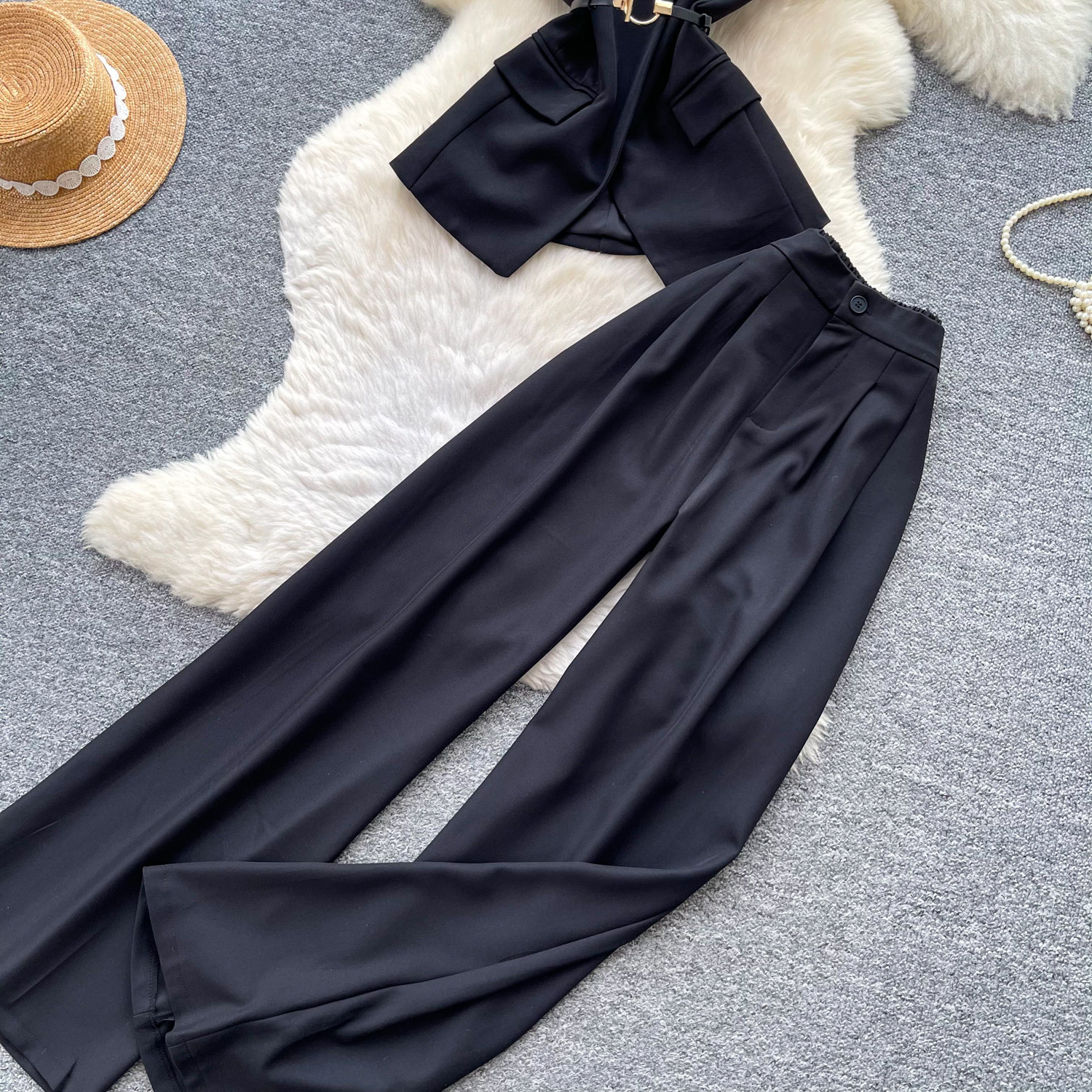 Korean Style Women's Cami Top And High-Waisted Wide Leg Pants Set - Summer Drawstring Waist Two Piece Outfit_ecoleips.com