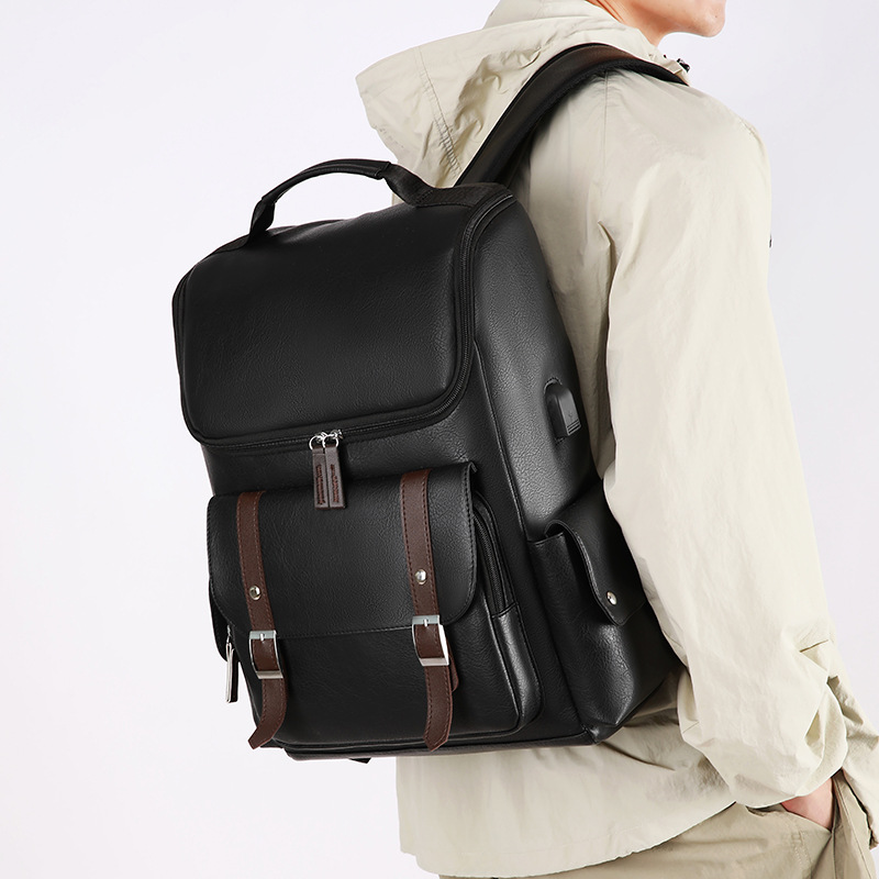 New Men's PU Leather Casual Multi-pocket Large Capacity Travel Backpack Laptop Bag Special Offer_voghion.com
