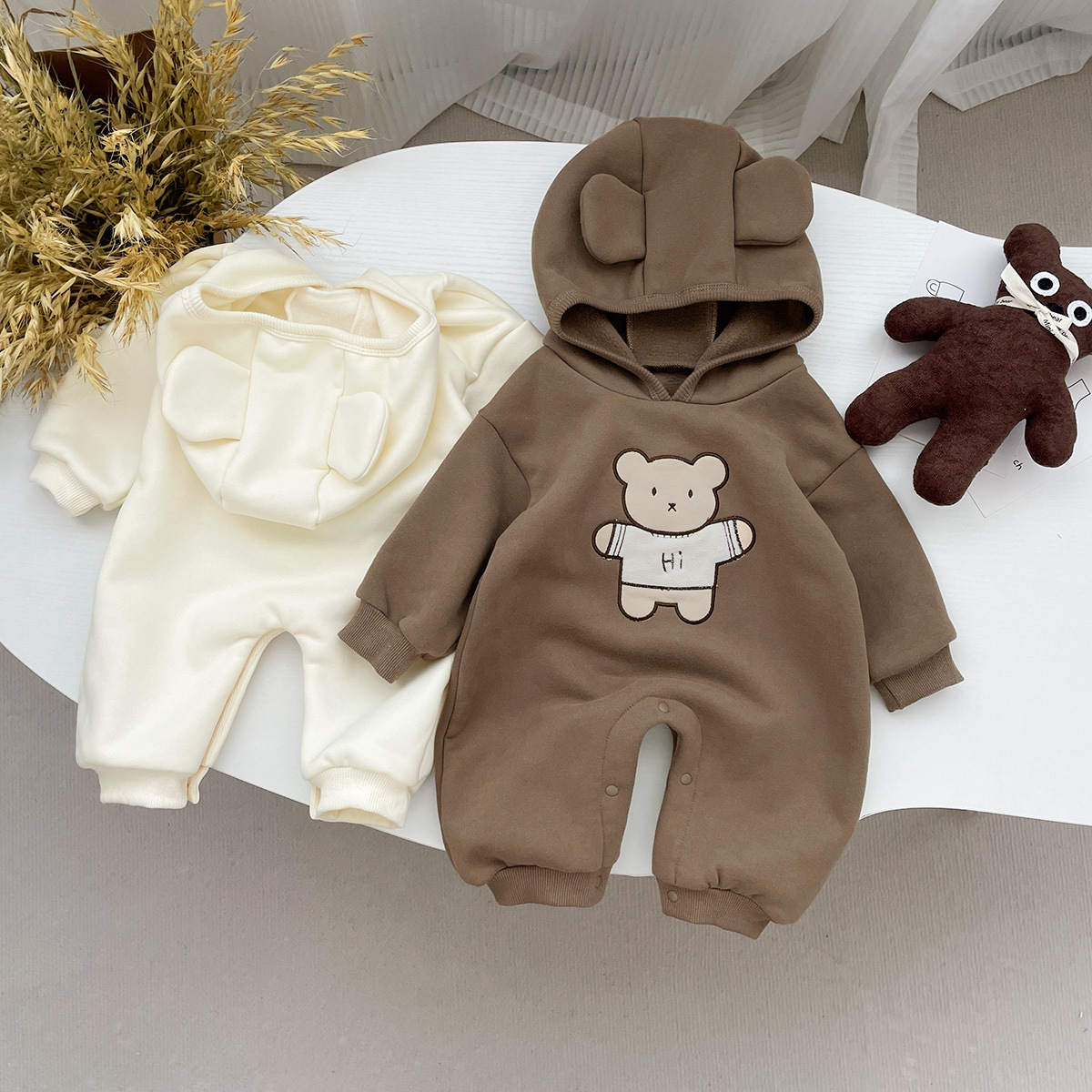 2023 otoño e invierno Bebé lindo oso mameluco de una pieza ins estilo coreano recién nacido bebé con capucha mameluco de salida