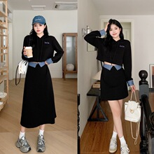 大码女装胖mm秋季新款韩版卫衣套装牛仔拼接连帽两件套
