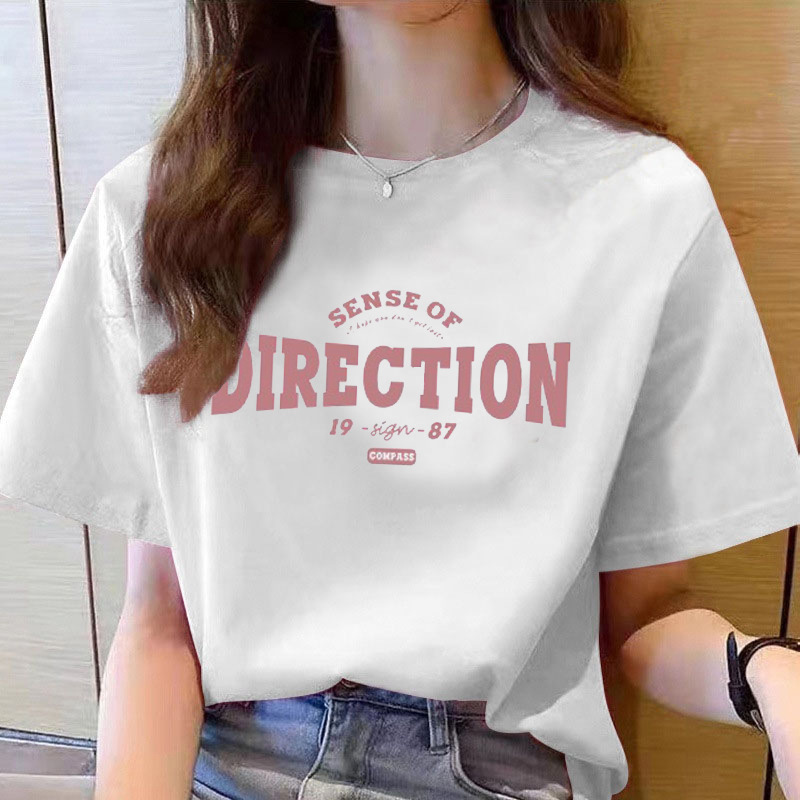 Pure Cotton Short-Sleeved T-Shirt for Women 2025 New Summer Right Shoulder American Retro Printed Casual Half-Sleeved T-Shirt Large Size Trendy
