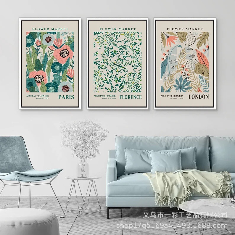 Tres pinturas abstractas de lona de flores y plantas con marcos, pinturas de paredes raspadas, arte moderno minimalista, instalación Bohemia