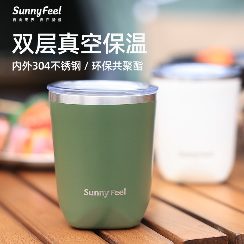 SunnyFeel outdoors Camping 304 Stainless steel cup portable Anti scald With cover double-deck Mug