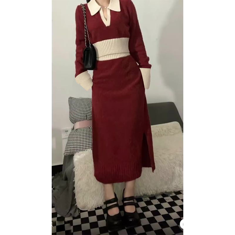 2024 년 초가을 분위기 빨간 니트 원피스 한국 드라마 하이 엔드 스웨터 스커트 투피스 세트
