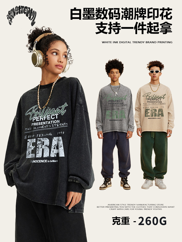 2025 primavera marca de moda americana hace la vieja lavado alta sensación pequeña letra de cuello impresión suelta camiseta de manga larga de moda masculina