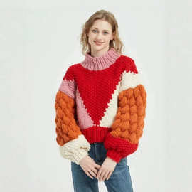 现货 跨境欧美外贸新款纯手工棒针撞色条纹毛衣外套sweater女