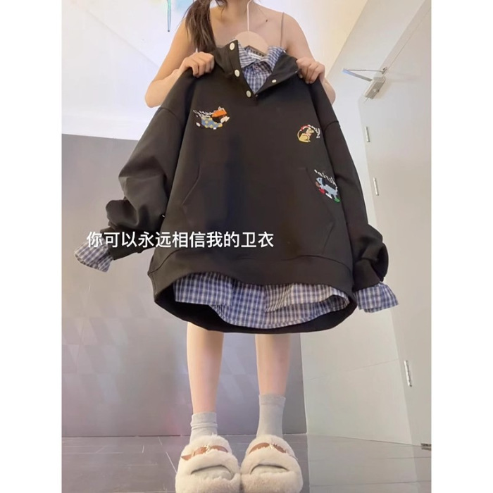 美式复古卡通刺绣棉质学院风连帽卫衣女秋季2025新款宽松百搭帽衫|undefined