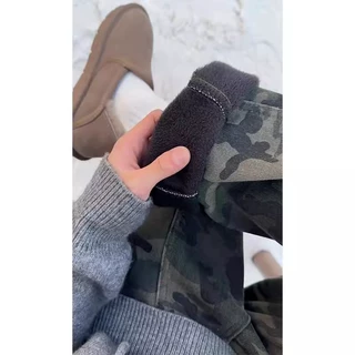 美式复古迷彩牛仔裤男款加绒加厚东北零下40度裤子宽松直筒工装裤