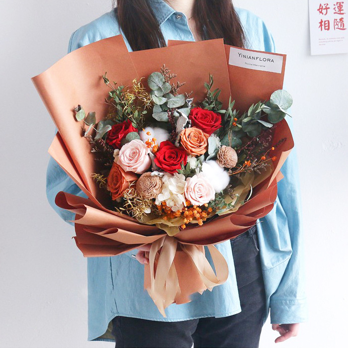 Qixi vintage naranja flor eterna ramo rosa de madera de algodón flor seca decoración de la sala de estar para la novia de cumpleaños regalo de vacaciones