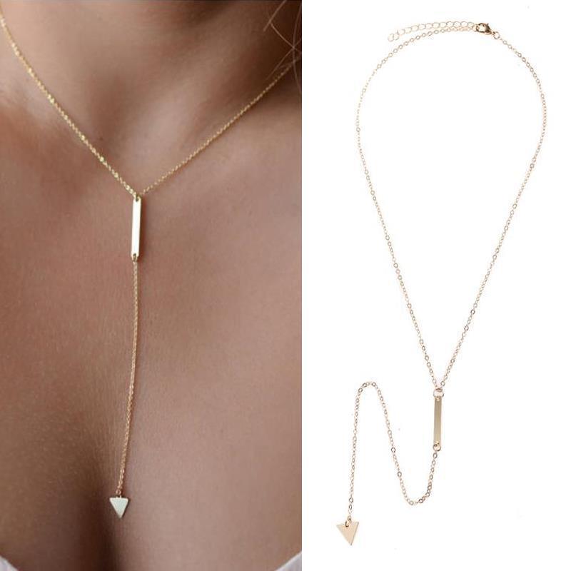 金属欧美三角形长坠颈链批发 简单光面长方片三角片配件项链跨境