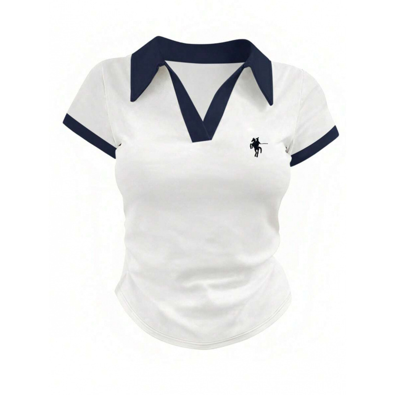 速卖通秋季外贸新款 T-Shirts 女款休闲时尚骑士印花翻领短袖T恤|undefined