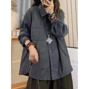 现货秋冬季新款夹棉衬衫外套女文艺休闲韩版拼接复古加厚开衫衬衣-阿里巴巴