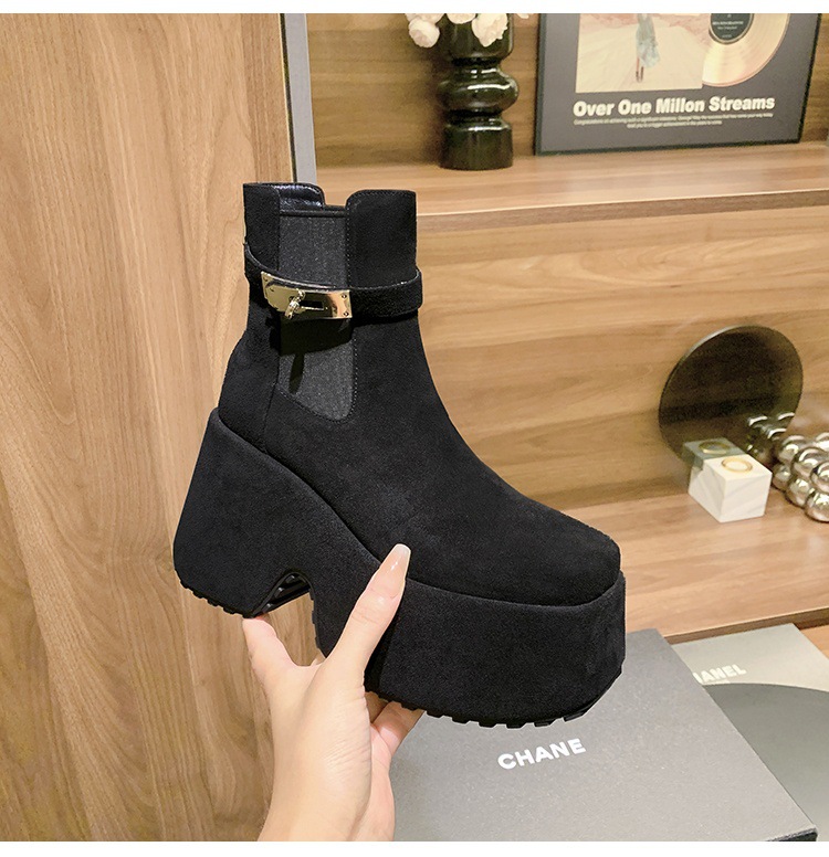 Boot Chelsea nữ cổ thun đế xuồng gót vuông mũi vuông phong cách bụi — Lót đơn màu hạnh chi tiết 15
