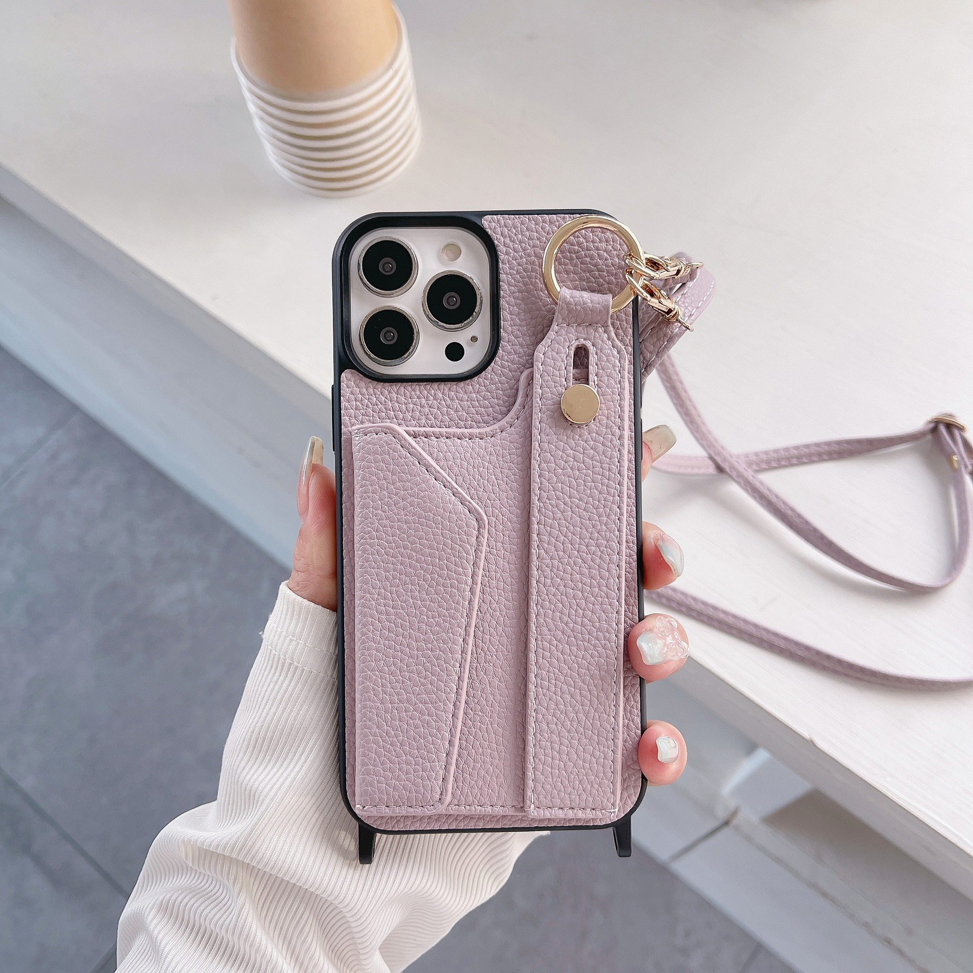 TechGlobe Suitable For IPhone 17 Pro Max Wrist Phone 12/13 Crossbody Shoulder Strap Card Slot Protective Leather Case_voghion.com