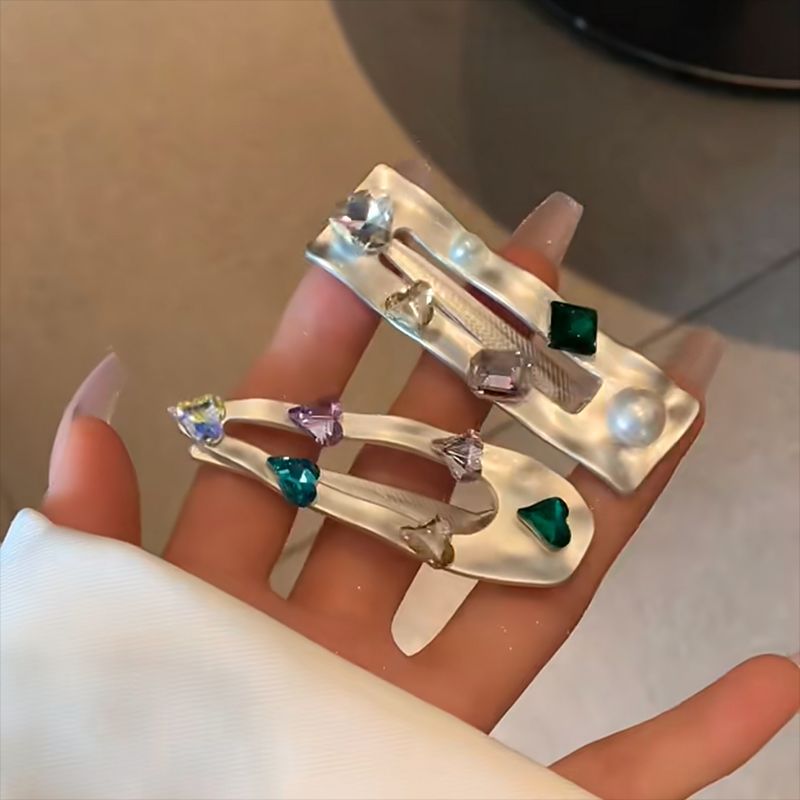 Kleurrijke edelsteen retro elegante zilveren legering Parel Strass eendenbek clip haarspeld meisje Hart zij pony clip_voghion.com